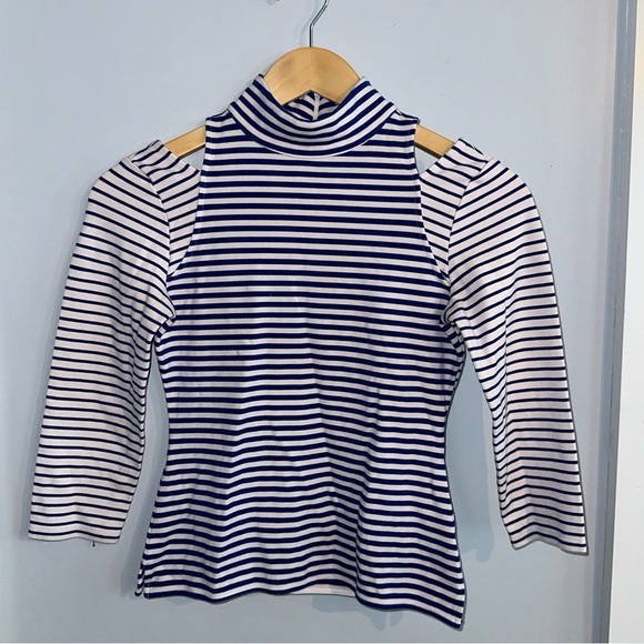 Karen Millen Cold Shoulder 3/4 Sleeve Striped Mock Neck Top, Size 4, Blue White - Picture 1 of 8